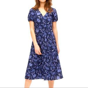GAP Linen Blue Floral Puff Sleeve Smocked Back Midi Dress Sz 6